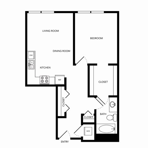 Floor plan for 1 bed, 1 bath, 741 sqft